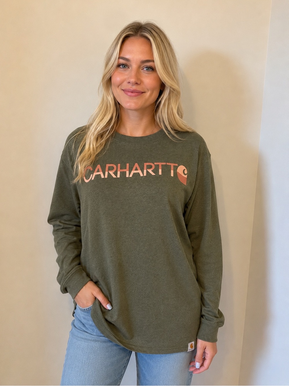 Carhartt Olive Green Long Sleeve Tee with Peach Logo